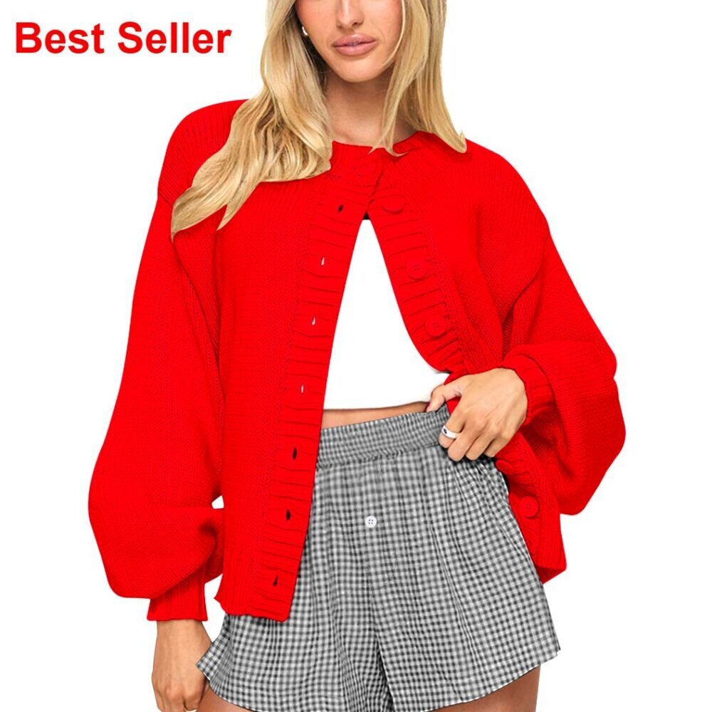 Oversized Button Front Cardigan Lantern Sleeve Sweater Open Front Women's